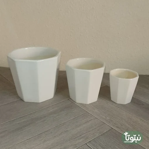 مراكن نباتات سيراميك ابيض مضلع (3 مقاسات) - مراكن نباتات سيراميك ابيض